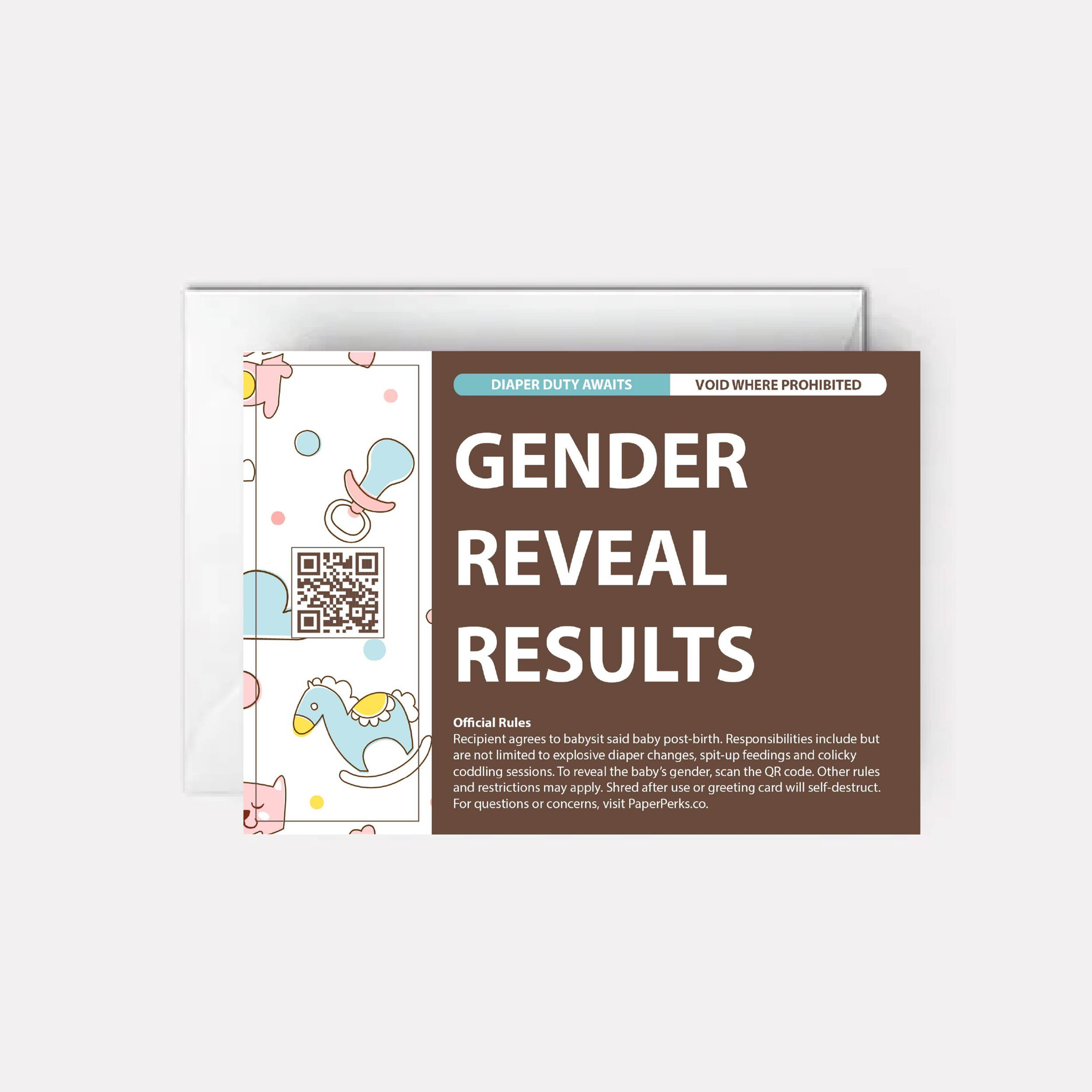 Baby items on cover of gender reveal card.