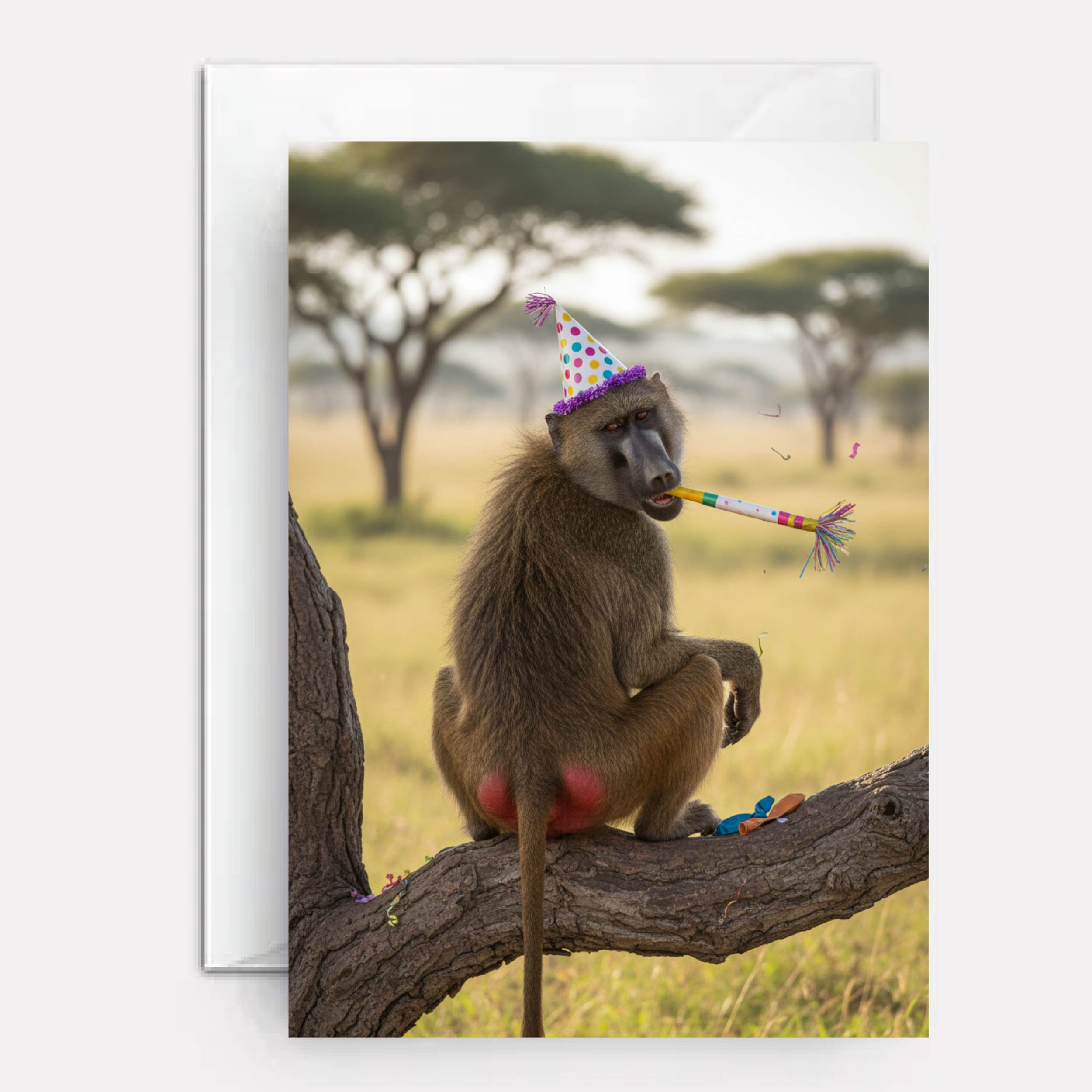 Baboon wearing a party hat.