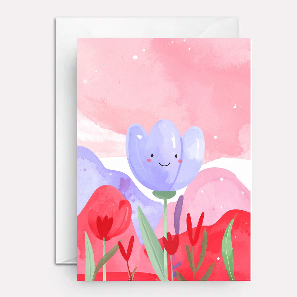 Tulip smiling on cover of card.