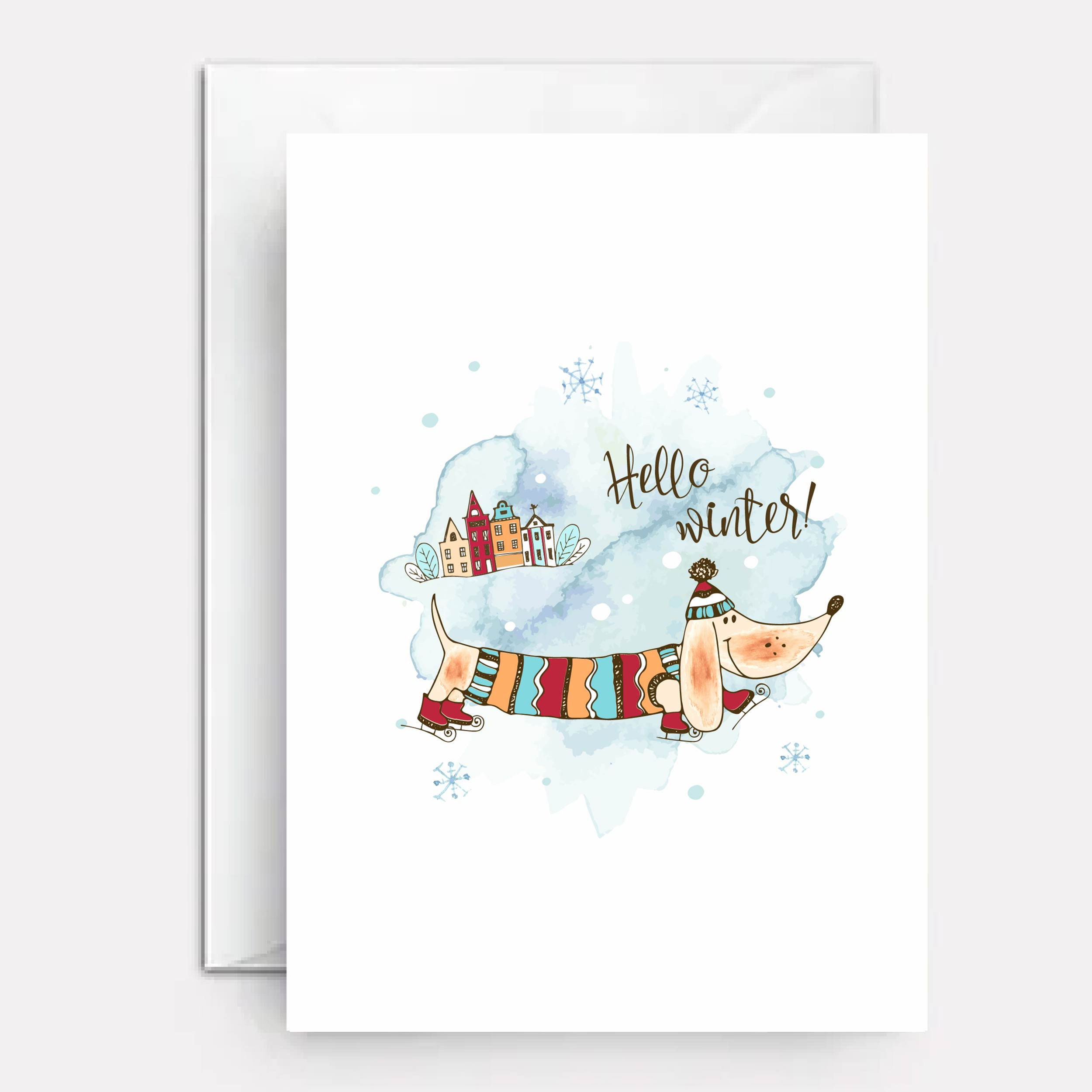 Dachshund Christmas Card, winter scene, pooch in sweater, hat, booties.