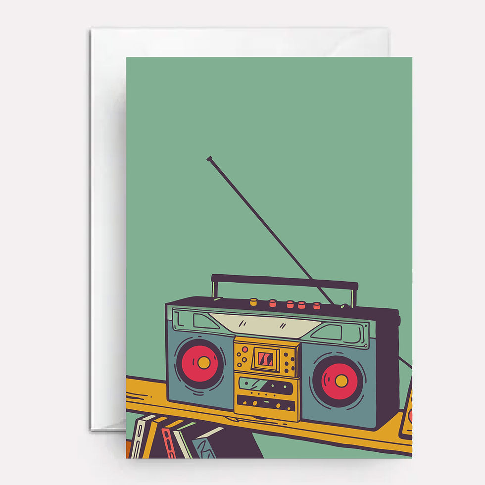 Boombox on cover of card.