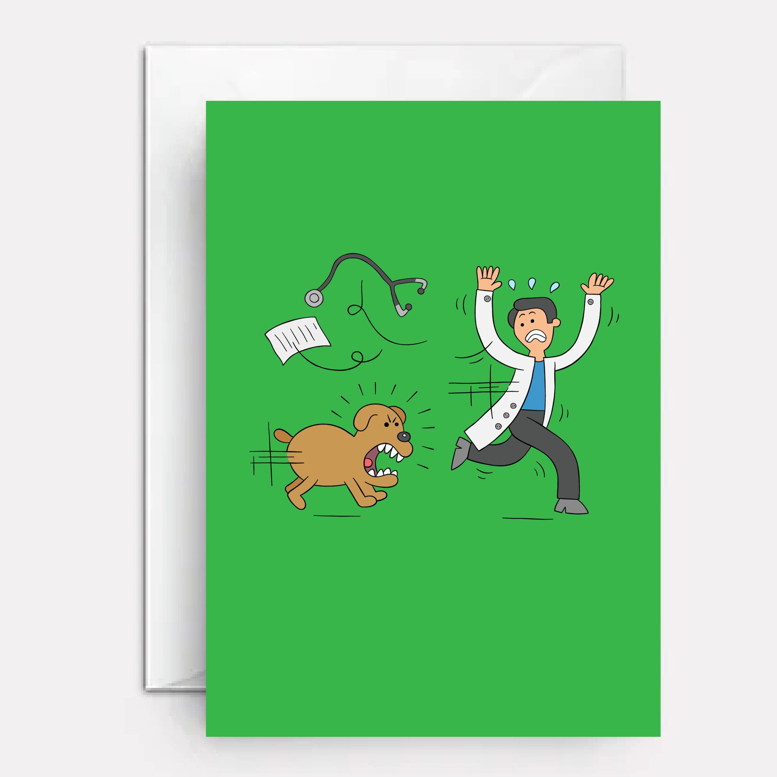 Card for vet with dog chasing vet on cover, funny.