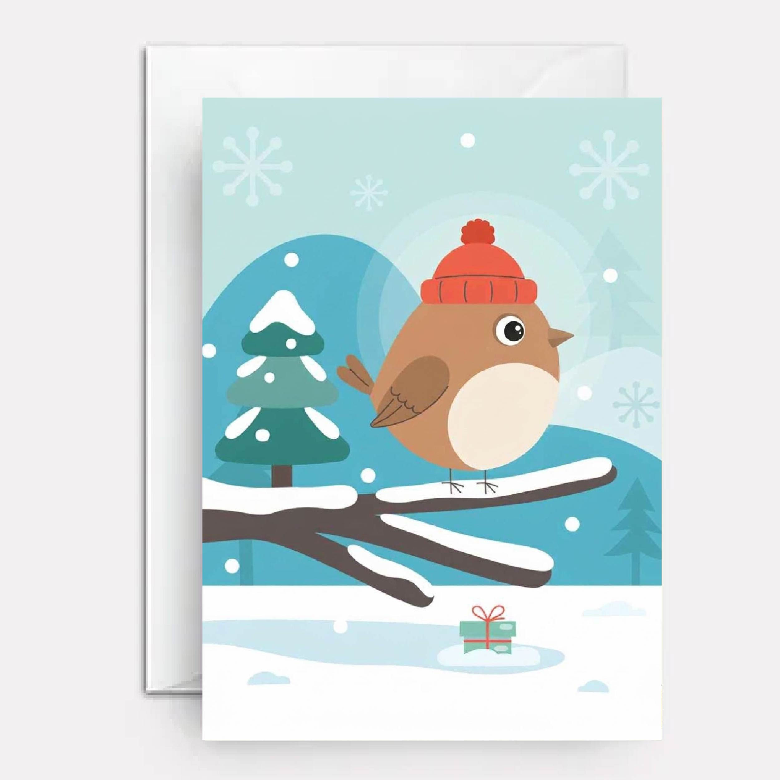 Bird on cover of xmas card for kids.
