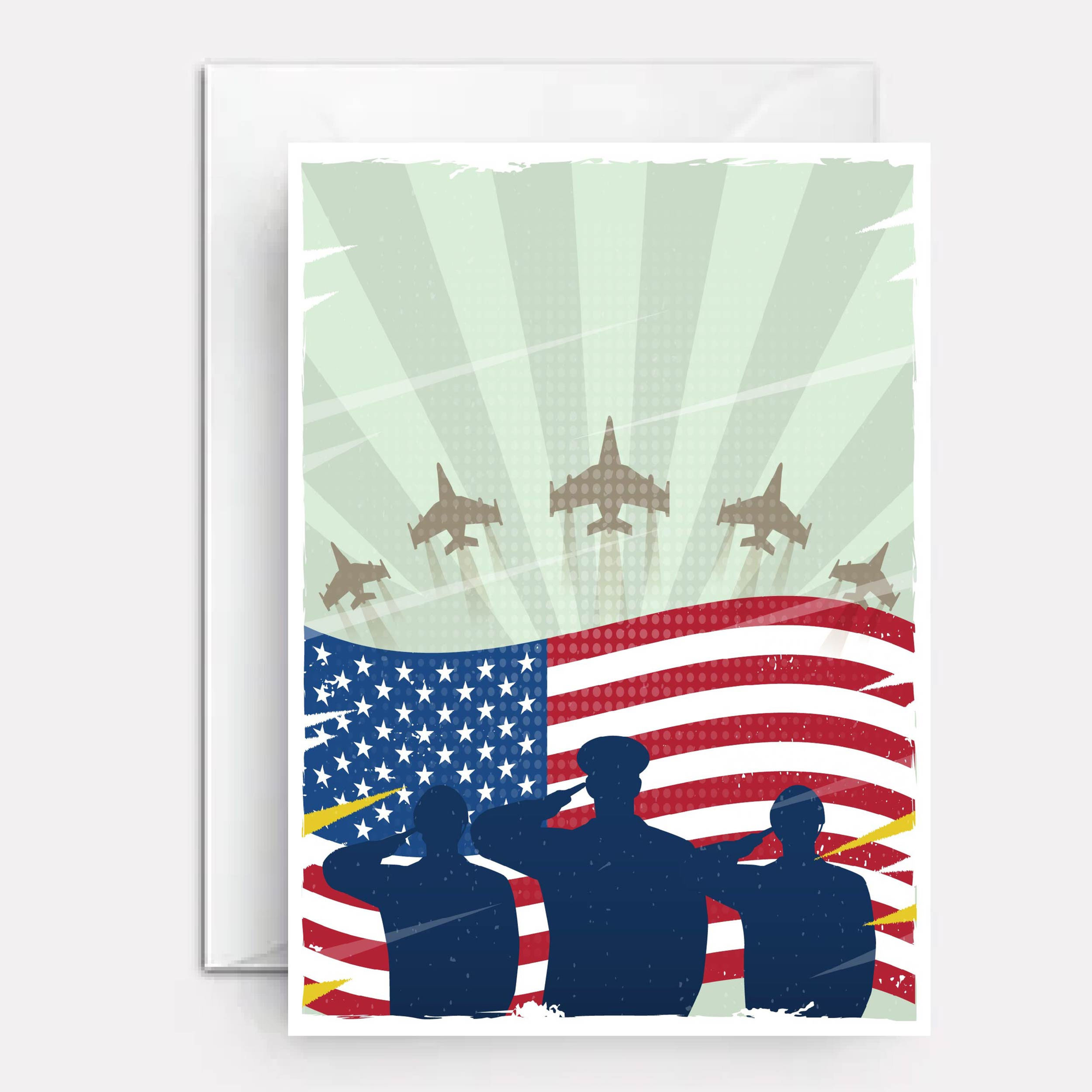 Veterans day card with soldiers saluting on cover, American flag background.