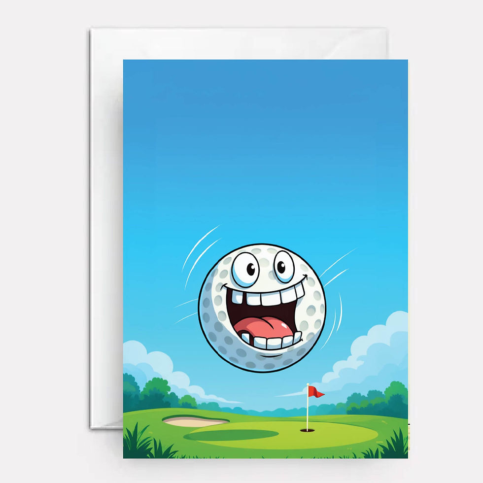 Smiling golf ball on cover of birthday card.