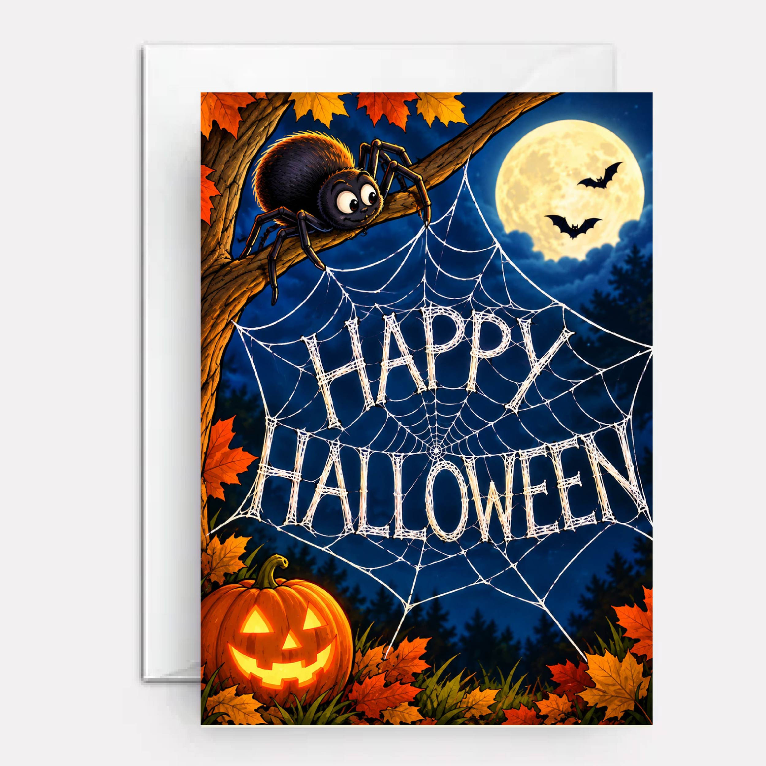 Spider and spiderweb on cover of Happy Halloween card.