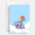 Birthday card for kids, hippo floating in air with balloons.