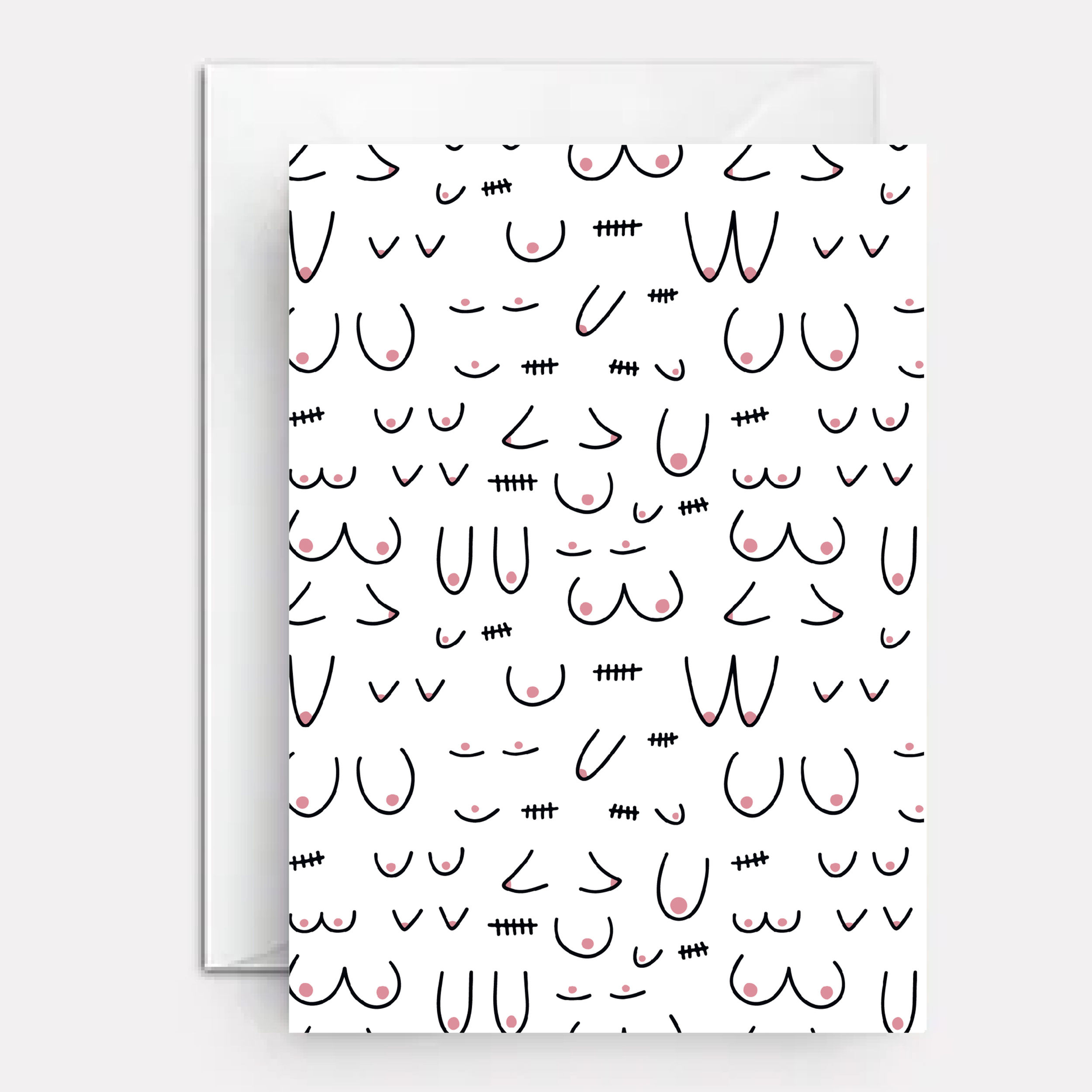 Different shaped women's breasts on cover of card.