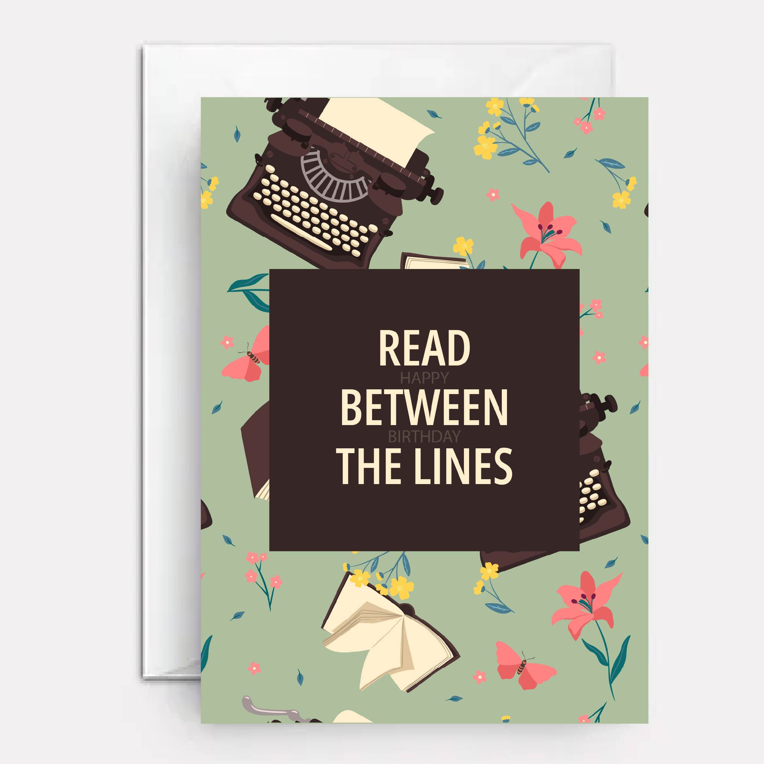 Typewriter pattern on cover of floral birthday card.