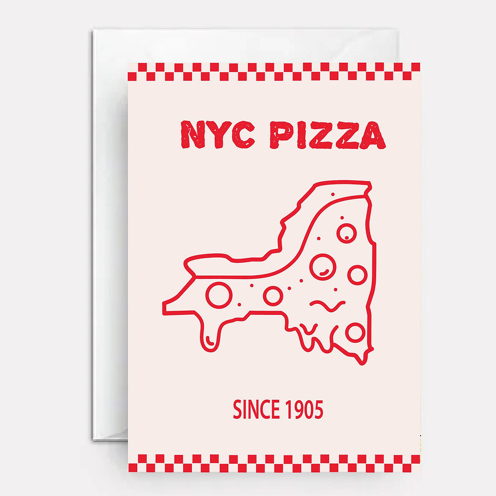 Pizza in the shape of the state of new york on cover of card.