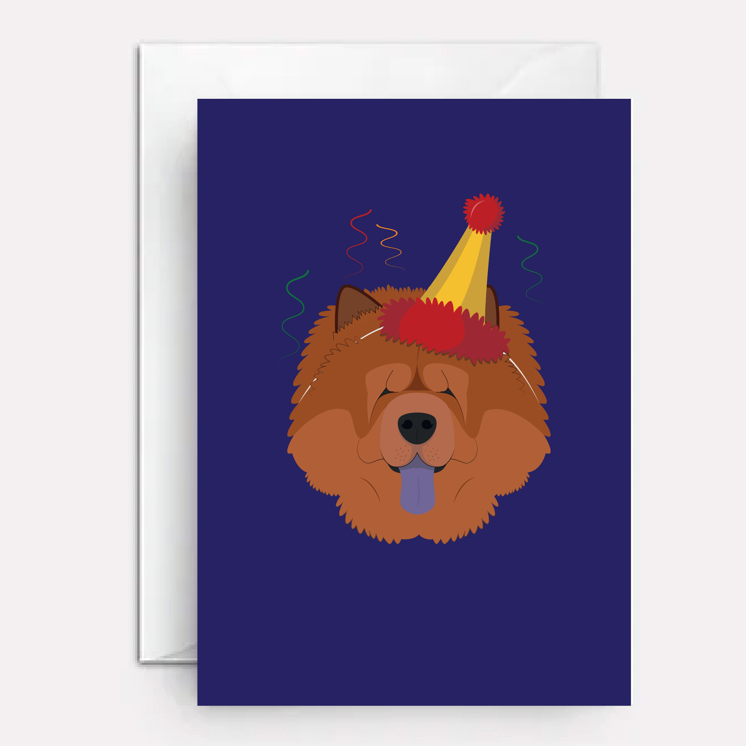 Chow dog with wearing party hat on cover of birthday card.