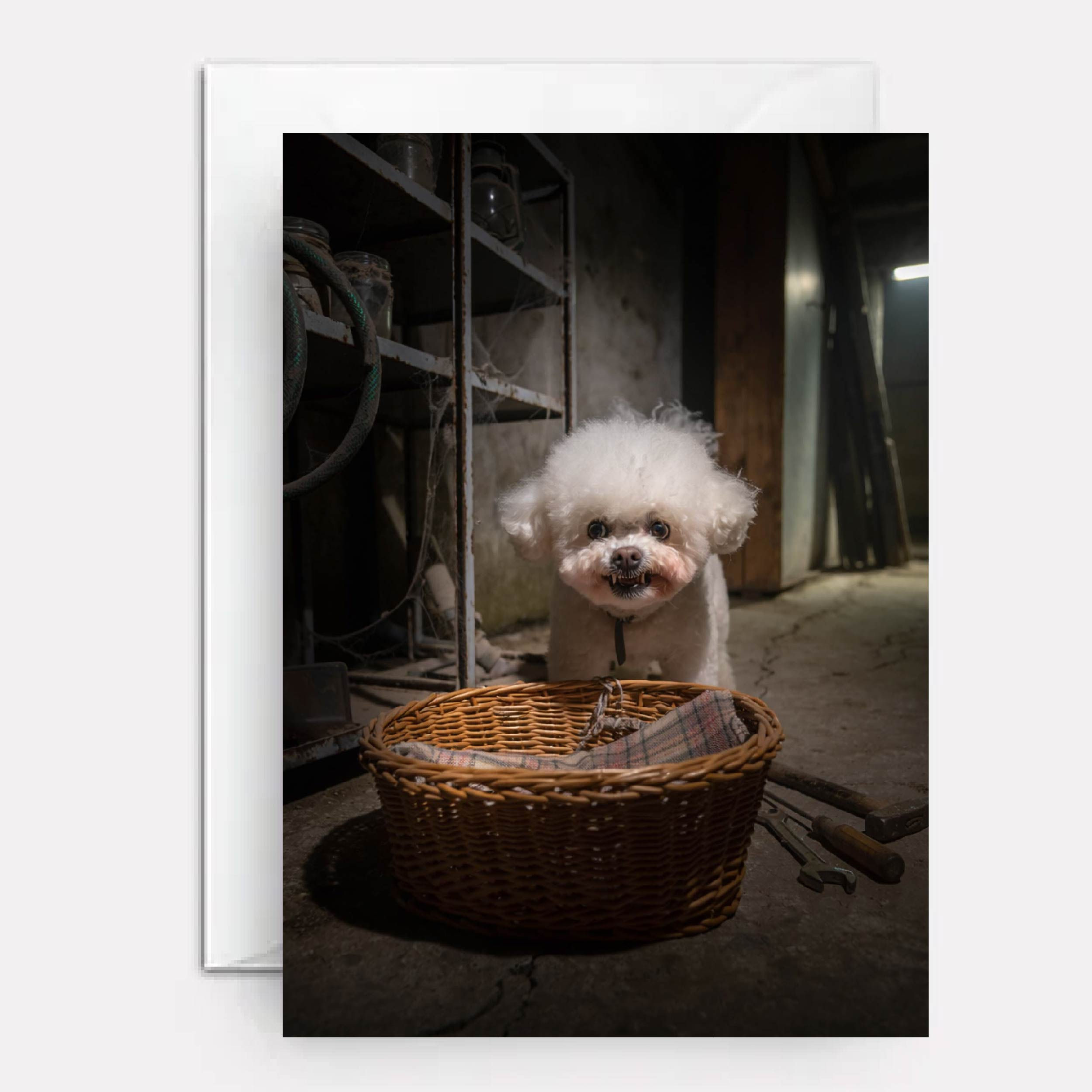 White dog on cover of Halloween card.