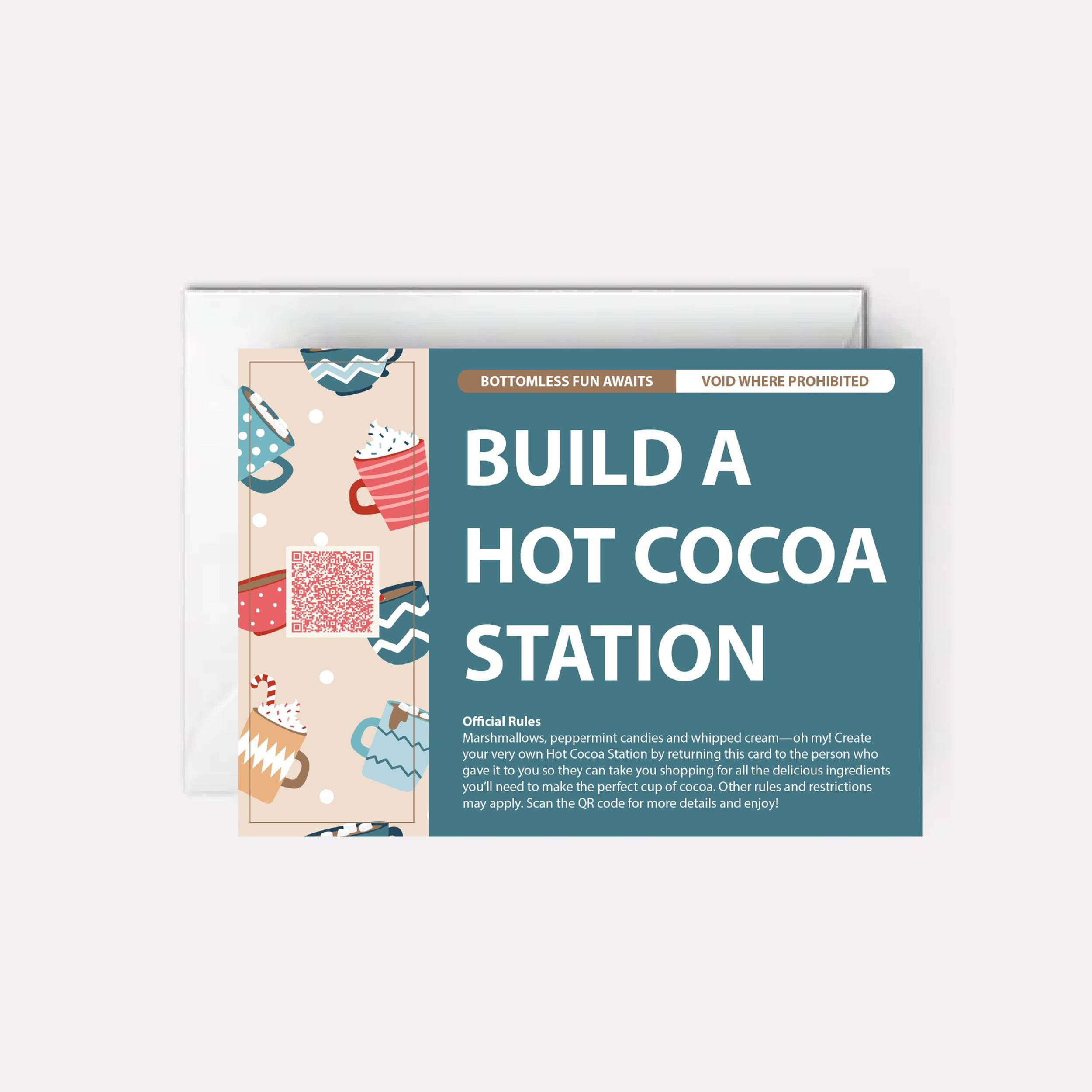 Hot cocoa pattern on cover of greeting card.