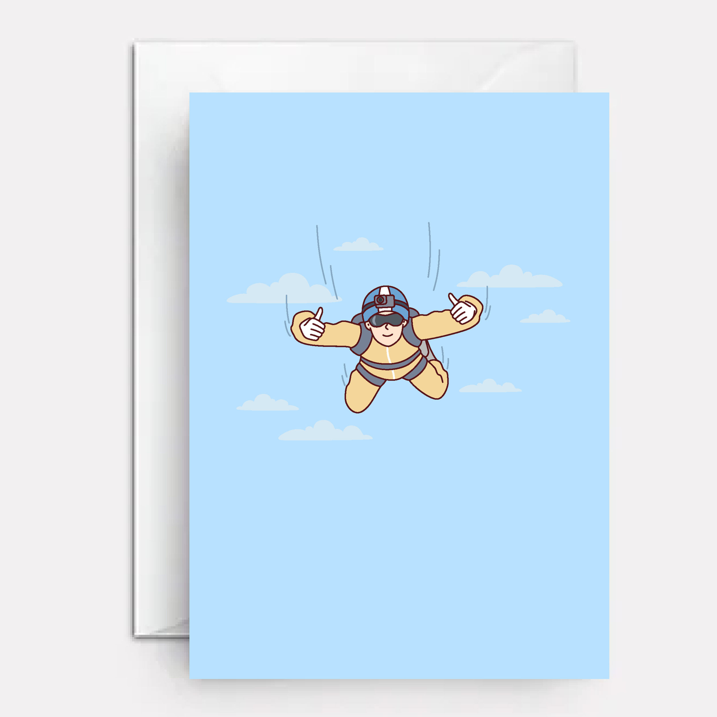 Sky diver in the sky on cover of card.