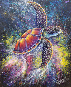 Peinture représentant une tortue de mer dans un océan coloré.