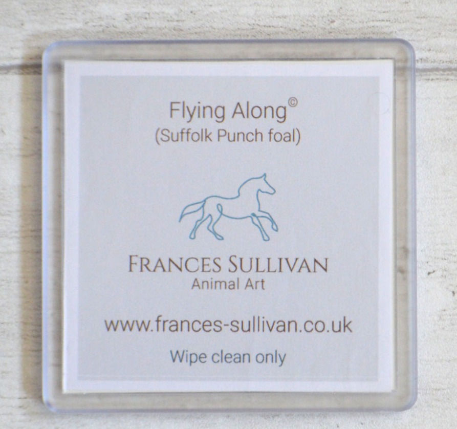 Reverse of clear acrylic coaster.  Running horse logo and description on grey background.