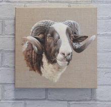 Jacob Sheep ram head painting with large outwardly spiralling horns. Grey linen background. Painted in acrylic on a deep profile grey linen canvas.