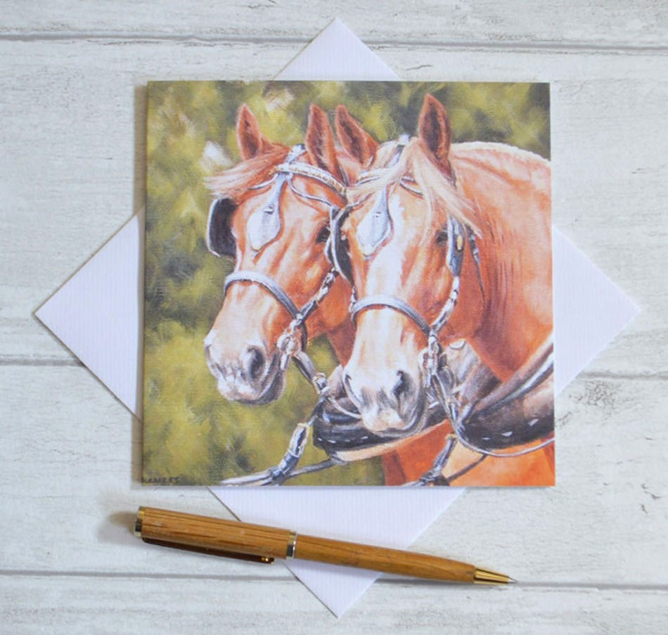 Thumbnail: working horse heads in harness art greetings card