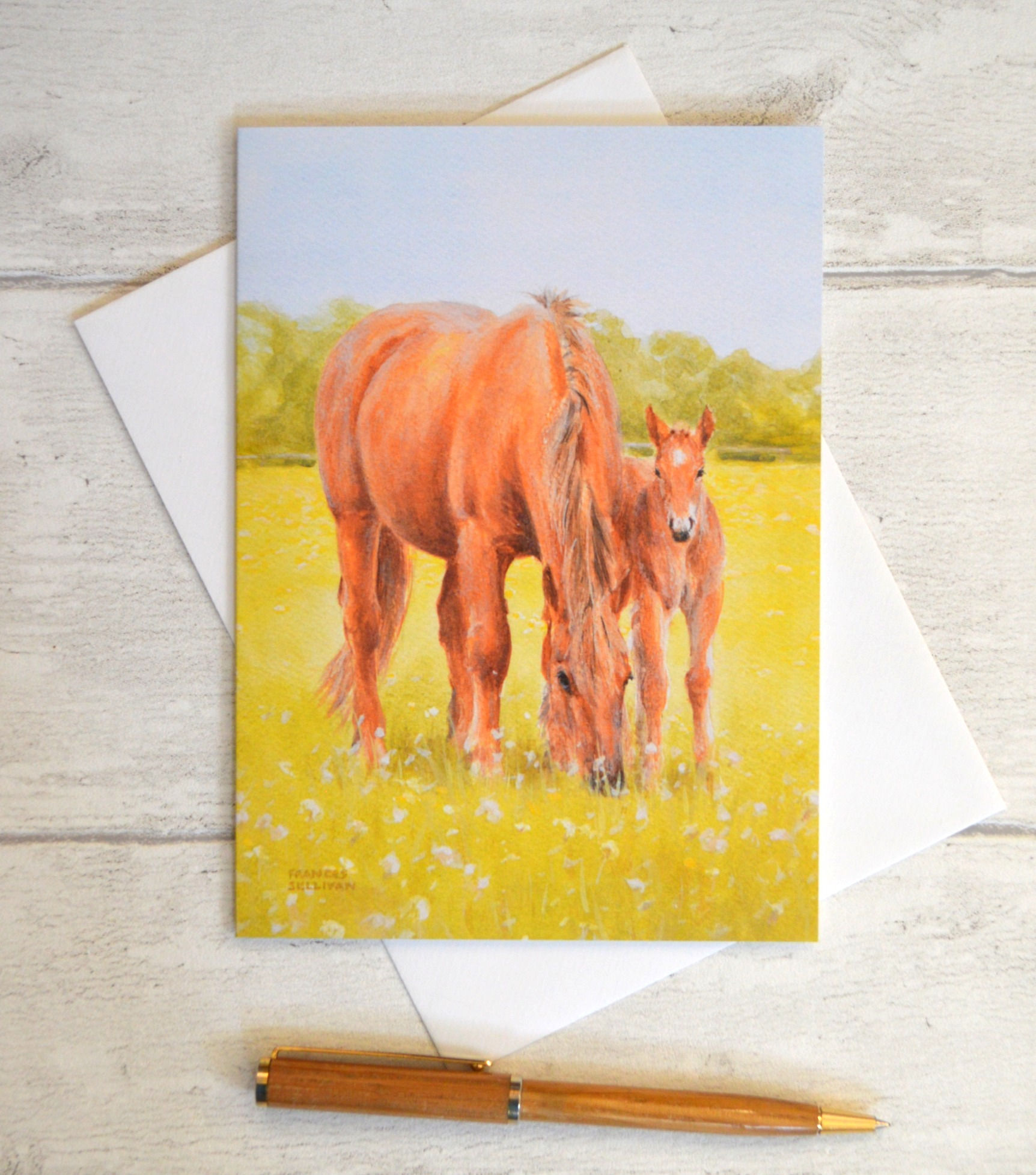 Suffolk Punch Horse mare and foal art greetings card