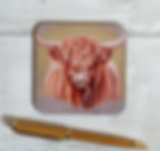 Highland cow art on a square coaster
