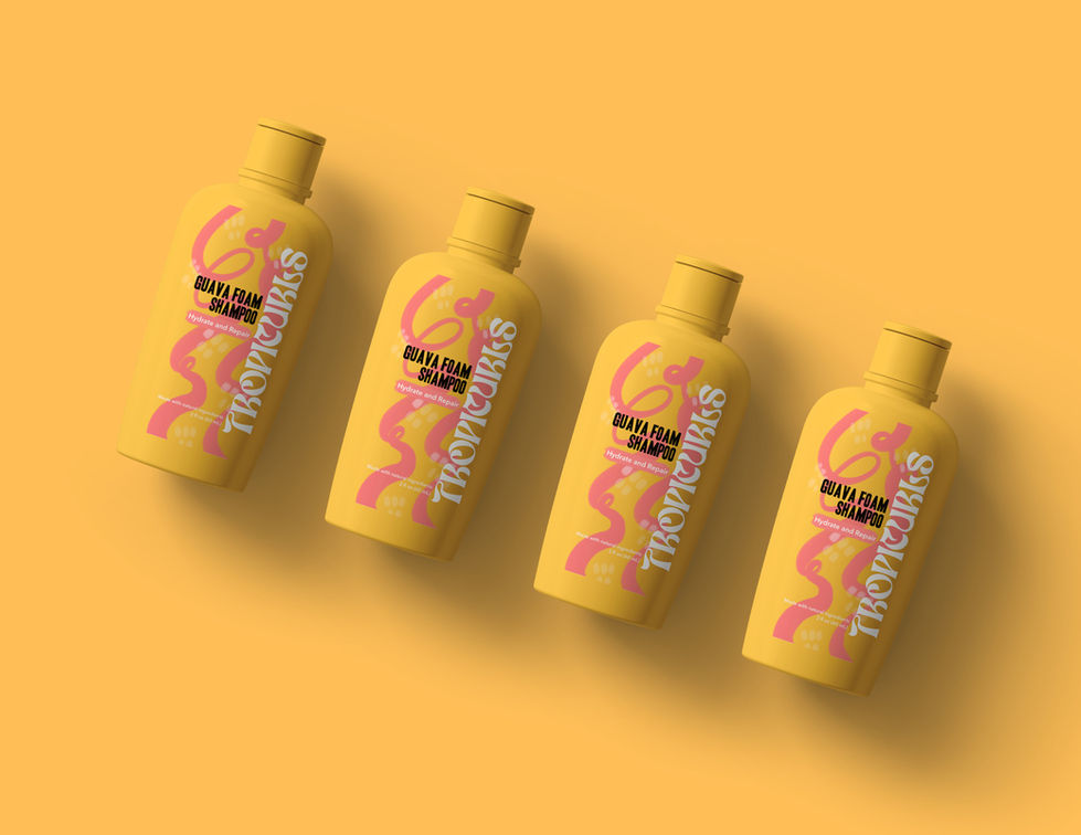 Packaging design for the large shampoo bottle of Tropi Curls Guava Foam scent. Yellow bottle with guava accents.
