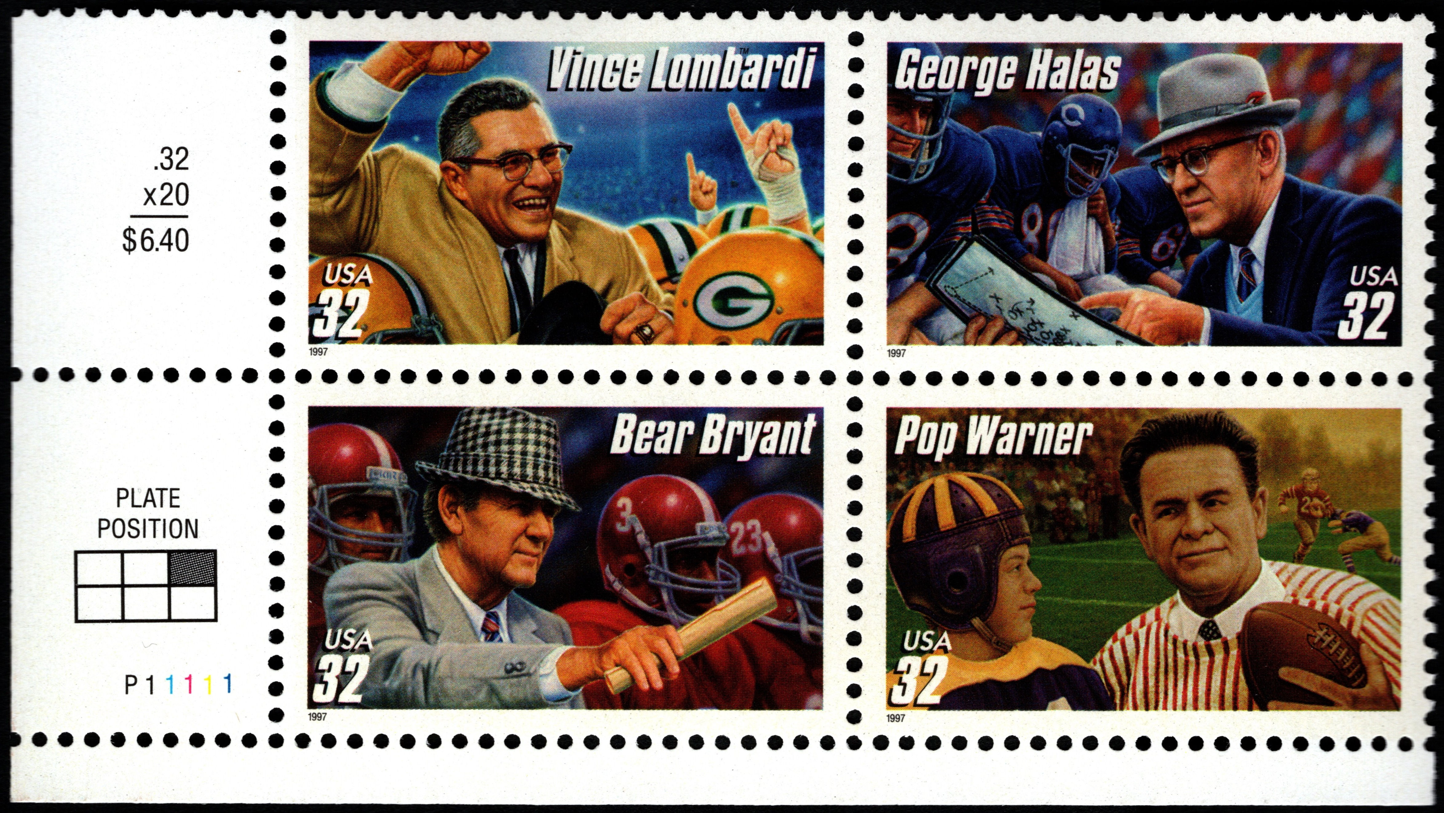 MNH 1997 Legendary Football Coaches Plate Block of 32 Cent Stamps-SCOTT #3143-46