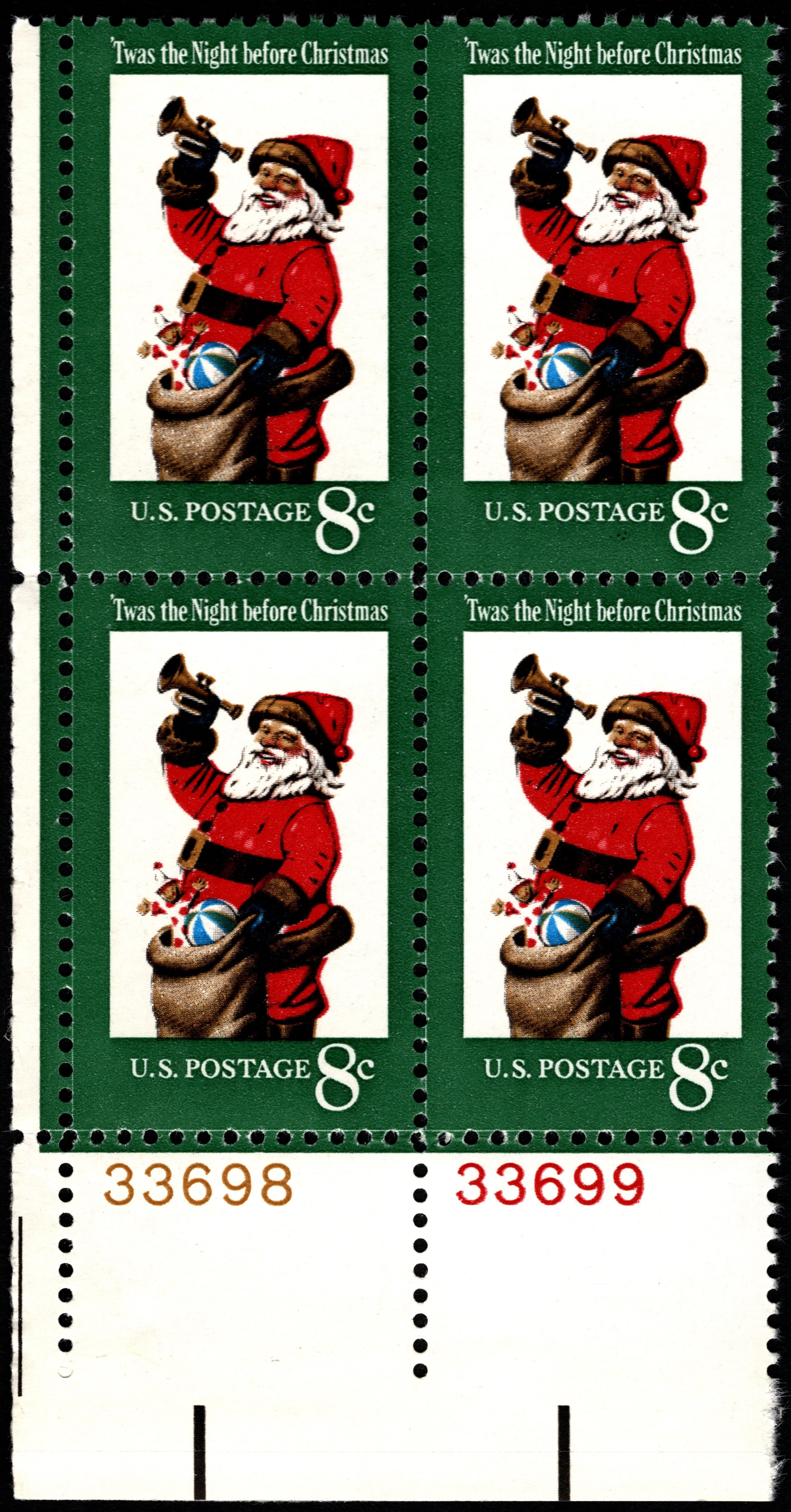 MNH 1972 Contemporary Christmas Santa Plate Block of 8 Cent Stamps-US SCOTT#1472