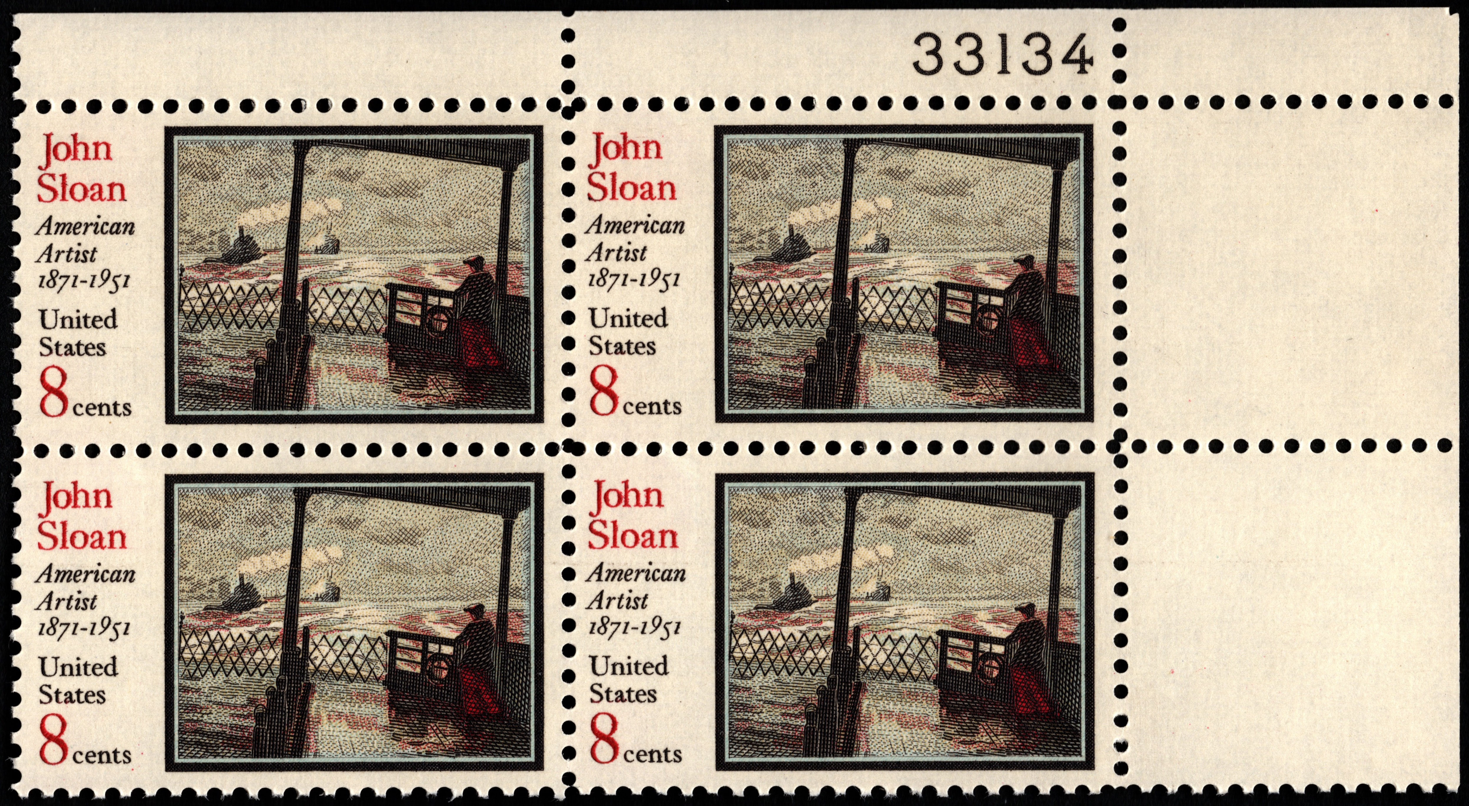 MNH 1973 John Sloan Plate Block of Four 8 Cent Stamps - US SCOTT #1433