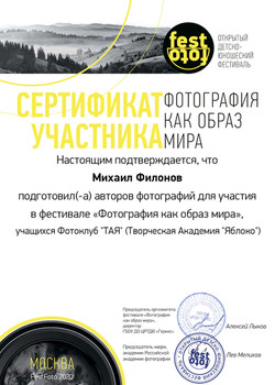 Сертификат участника фестиваля FestFoto (2020) — Михаил Филонов