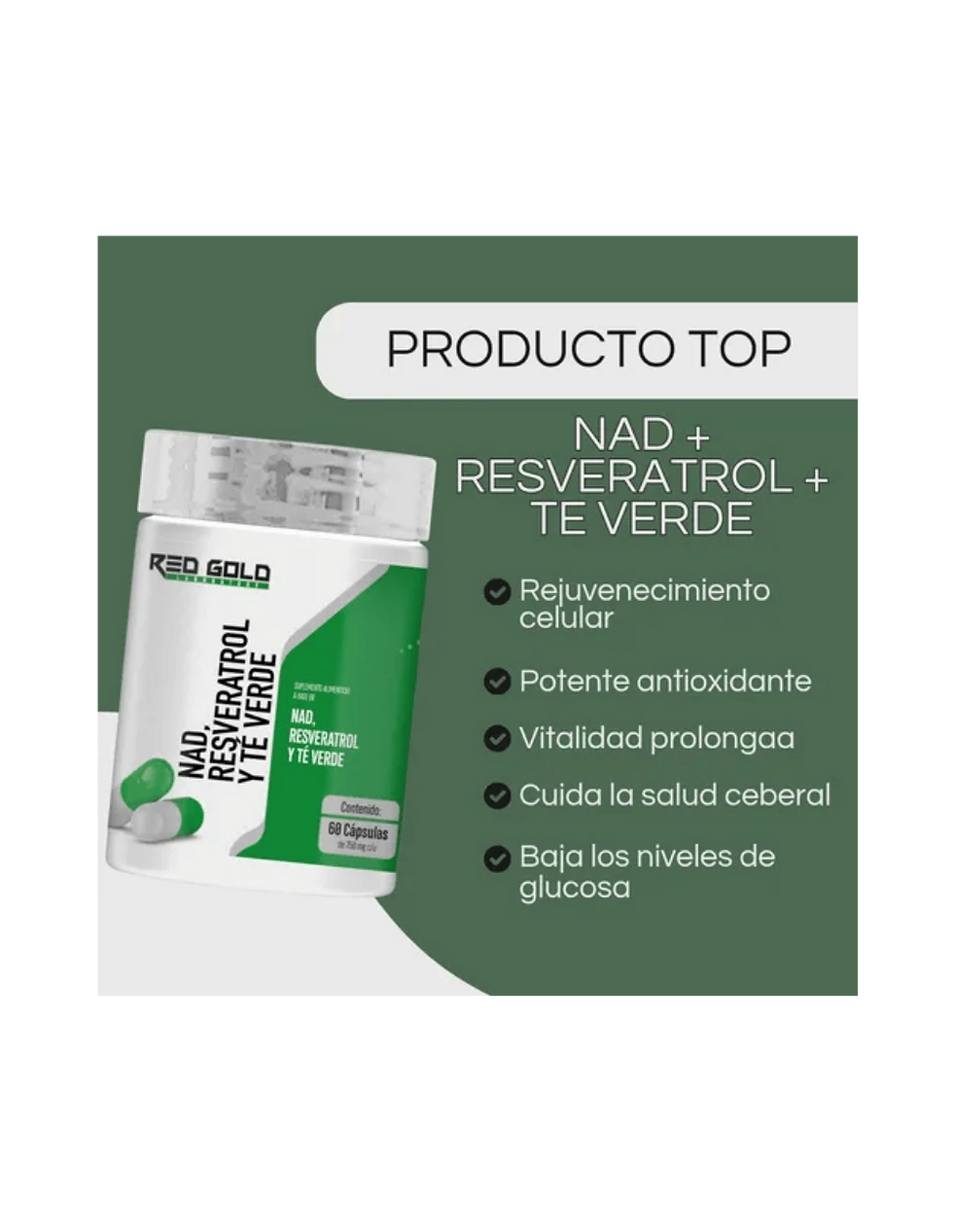 Miniatura: Red Gold NAD+ Resveratrol y Té Verde 60 Caps | Antienvejecimiento