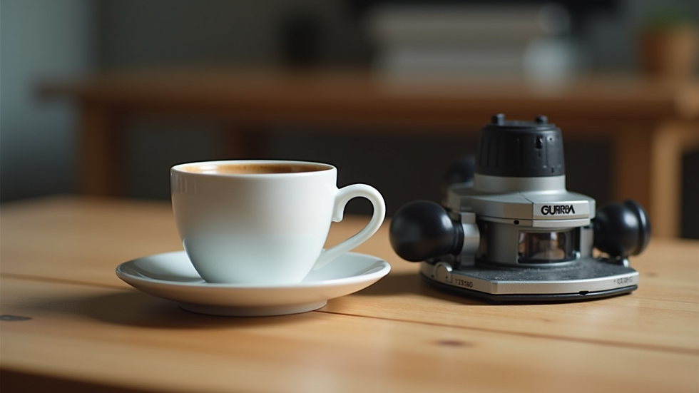 Close-up view of a coffee cup next to a router device on a wooden table