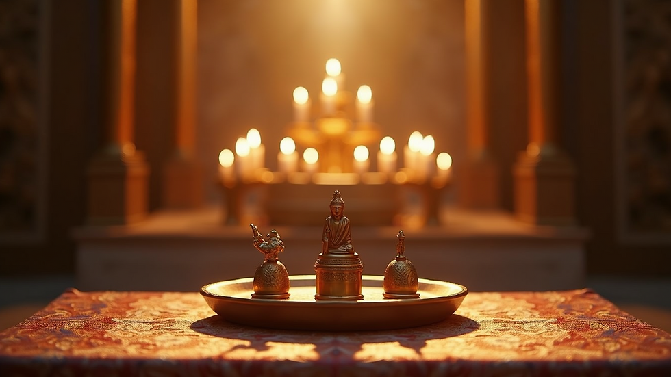 Eye-level view of a sacred altar with prayer items