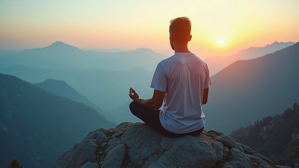 High angle view of a person meditating on a mountain peak