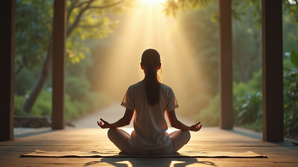 Eye-level view of a person practicing meditation in a serene environment