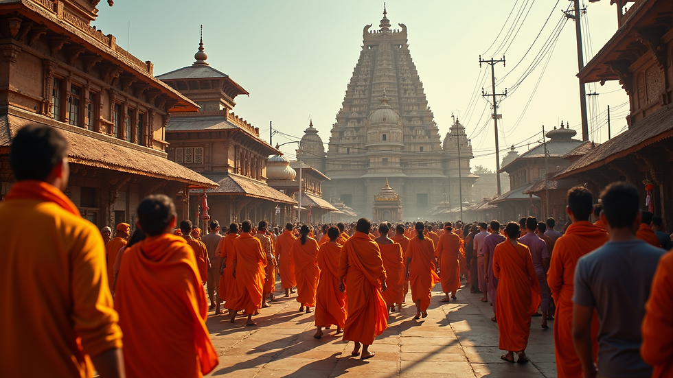 Wide angle view of a vibrant temple during festival celebrations on Ekadashi