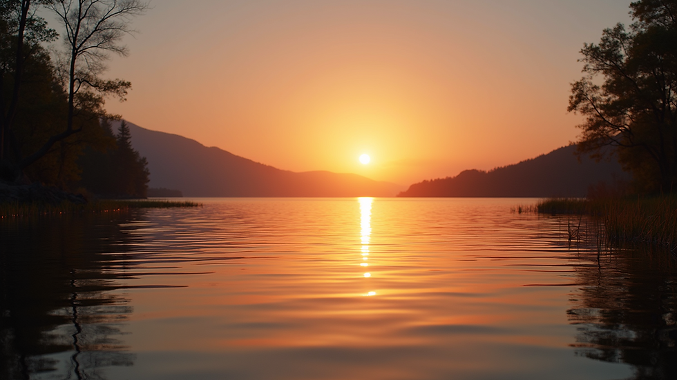 Eye-level view of a serene sunset over a tranquil lake