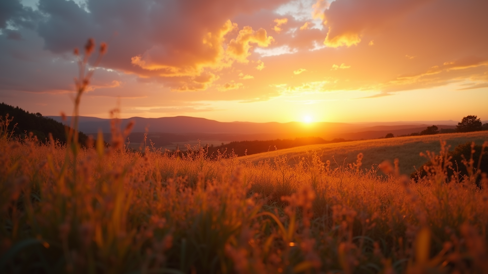 Wide angle view of a beautiful sunset over a peaceful landscape