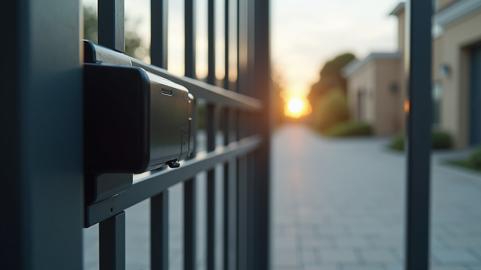 Eye-level view of automatic gate motor installed on a swing gate