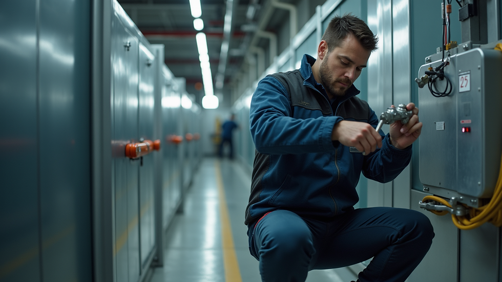 Eye-level view of technician performing maintenance on automatic gate motor