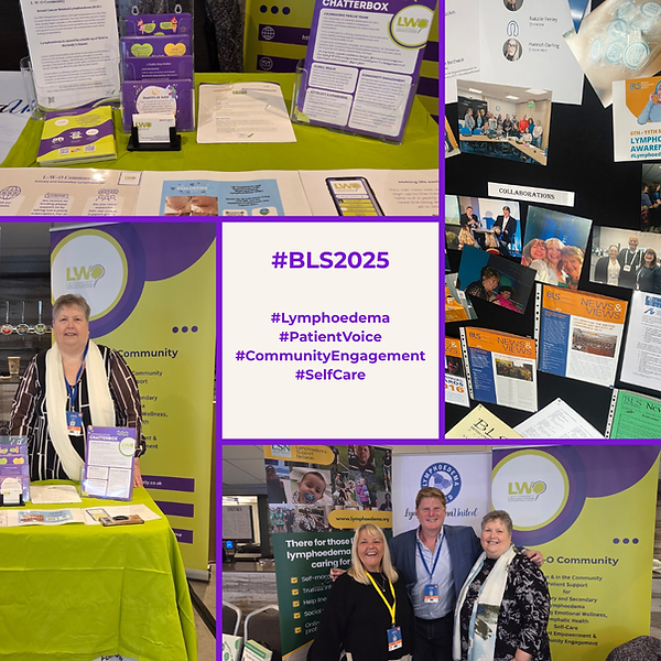 Photographs of three patient organisations featuring Karen Friett, LSN, Matt Hazledine Lymph United; and Gaynor Leech, L-W-O Community, at the BLS Conference 2025.