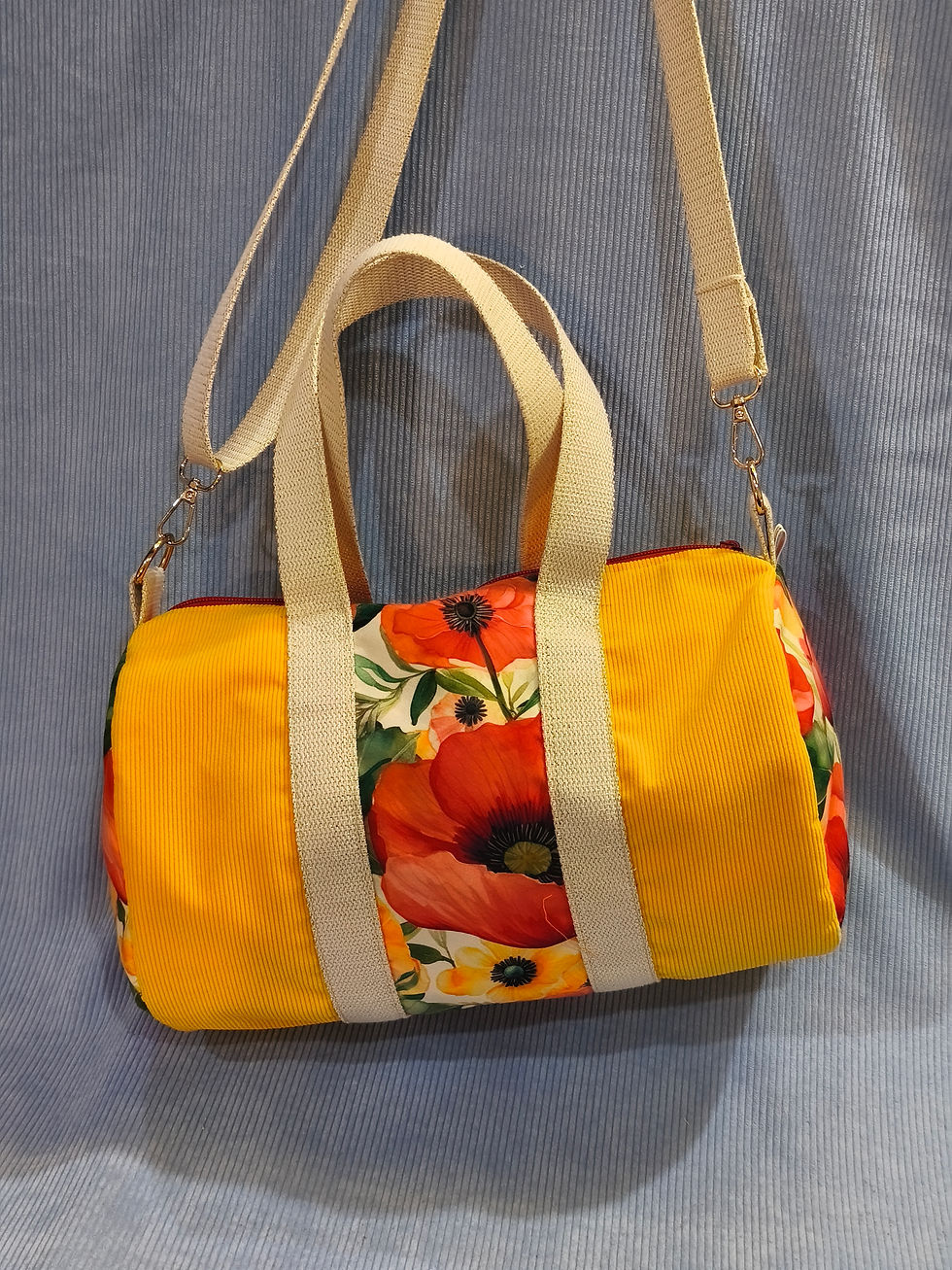 Miniature : Sac polochon velours jaune et coquelicots
