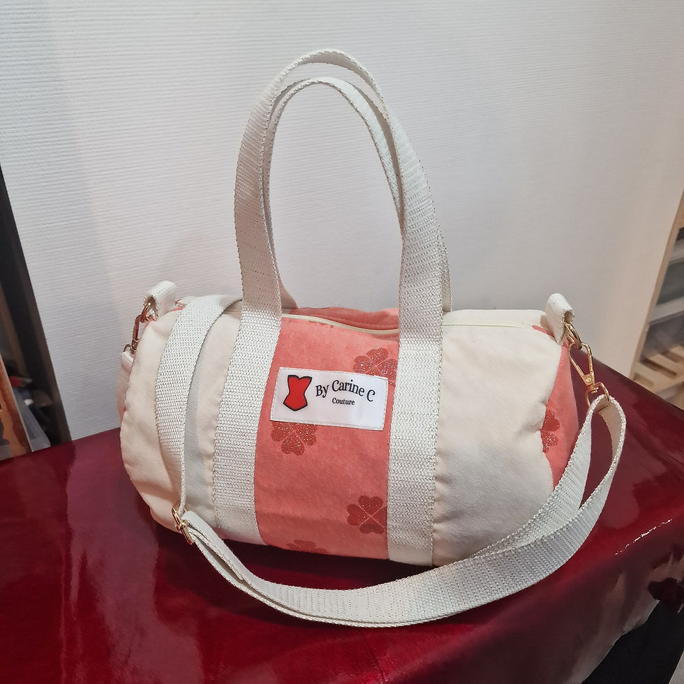 Miniature : Sac polochon suédine beige et saumon fleurs paillettes