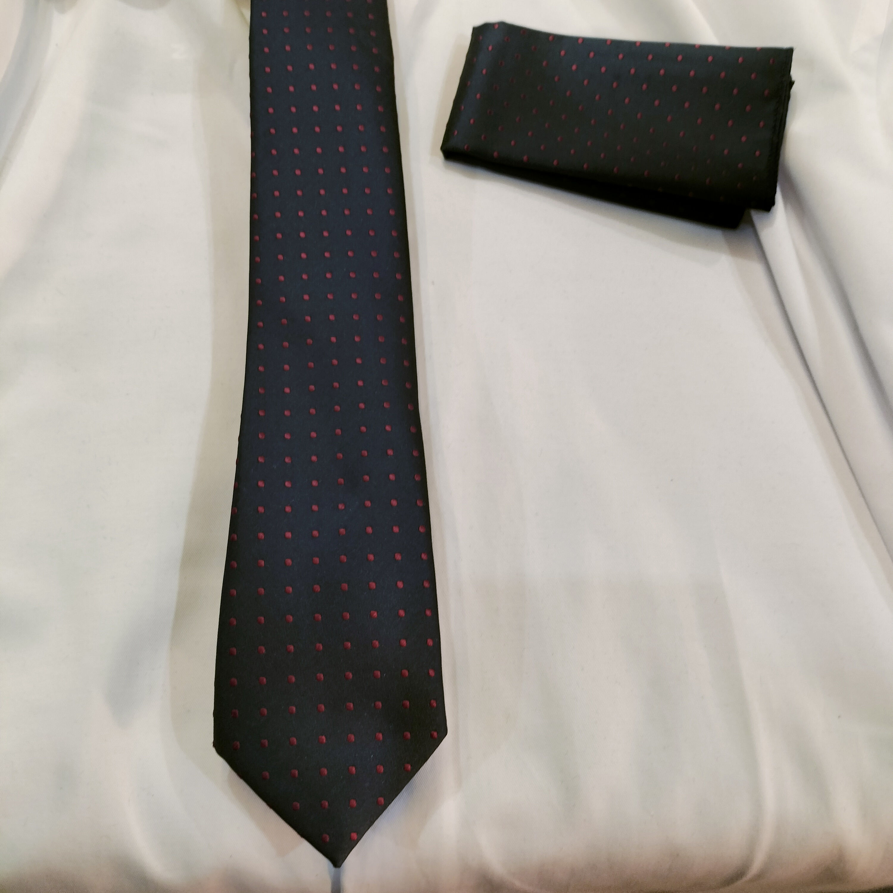 Ensemble cravate pochette bleu pois rouge