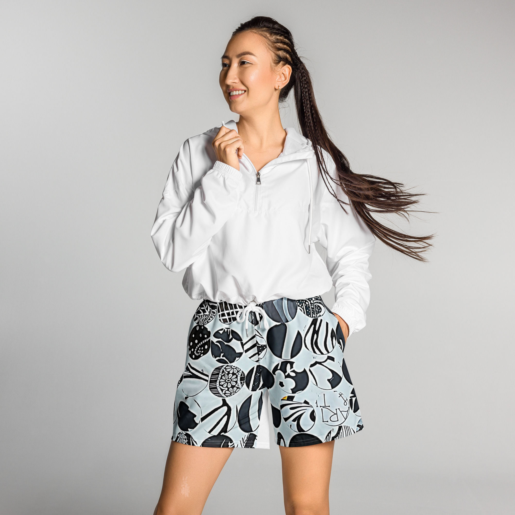 Black and White Echo All-Over Print Unisex Athletic Long Shorts