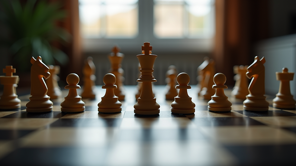 Eye-level view of a chessboard with pieces arranged for a lesson