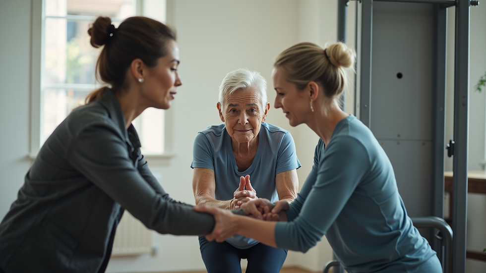 Eye-level view of a fitness instructor guiding an elderly person through a movement assessment