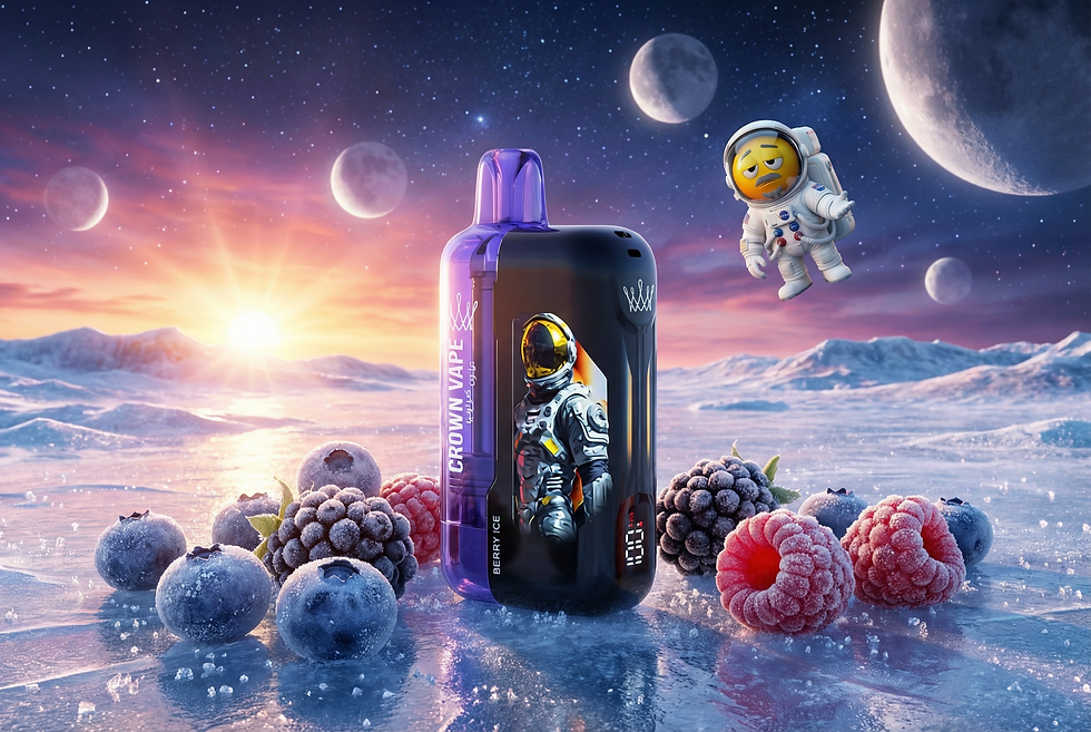 Vape device with an astronaut design on icy berries. A cartoon astronaut floats nearby. Background features a cosmic landscape with moons.