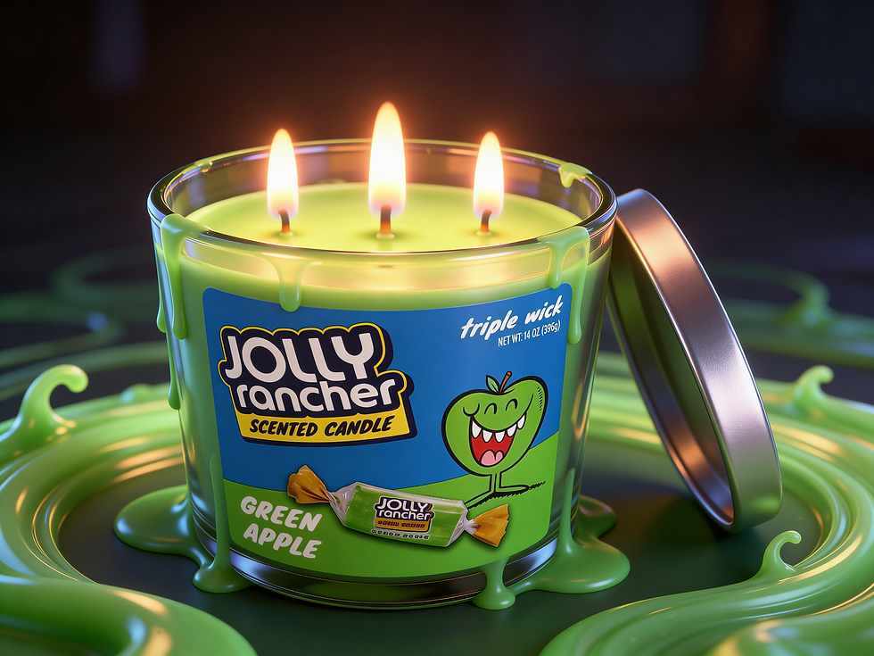 Green apple Jolly Rancher candle with triple wick burning. Bright green wax and label featuring a smiling apple. Lid open beside candle.