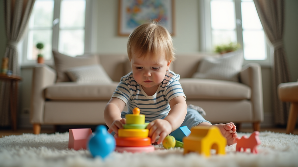 Eye-level view of a child playing with therapy toys in a cozy therapy room