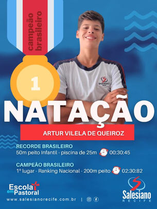 Natação: estudante salesiano é recordista brasileiro e 1º lugar no ranking nacional